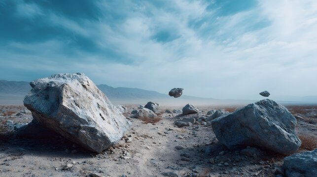 Surreal desert landscape with levitating rocks under a dynamic cloudy sky