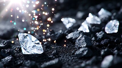 A sparkling diamond rests on a bed of dark coal, with light rays and bokeh effects creating a magical atmosphere