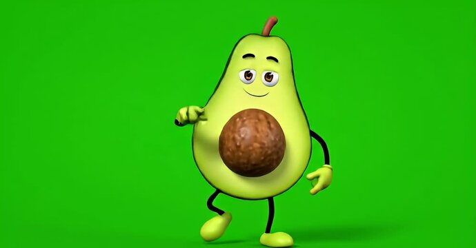 Cartoon avocado character with a happy face dancing on a green screen background.