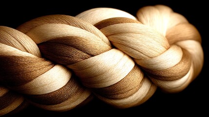 Closeup of a thick, braided rope made of natural fibers, with alternating bands of light beige and rich brown, against a dark background