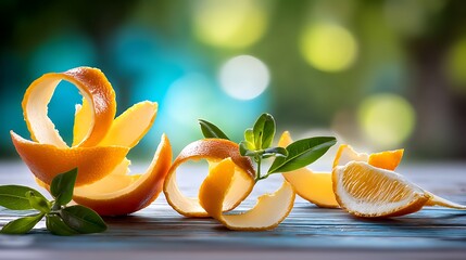 Vibrant orange peels and slices artfully arranged on a rustic wooden surface, with fresh green leaves and a softly blurred background, evoking a sense of freshness and natural zest