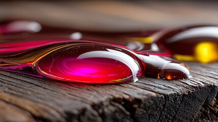 Closeup macro shot of a vibrant red liquid droplet with swirling colors, reflecting light and resting on a textured dark wooden surface, creating an abstract and artistic composition