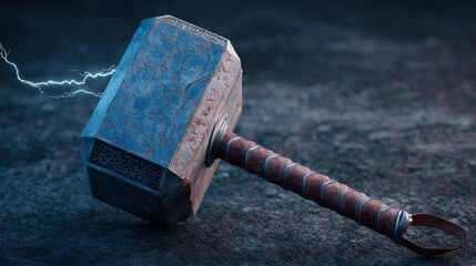 A weathered, rusty hammer, imbued with the power of thunder, rests on a dark, rocky surface, showcasing intricate designs and glowing energy.