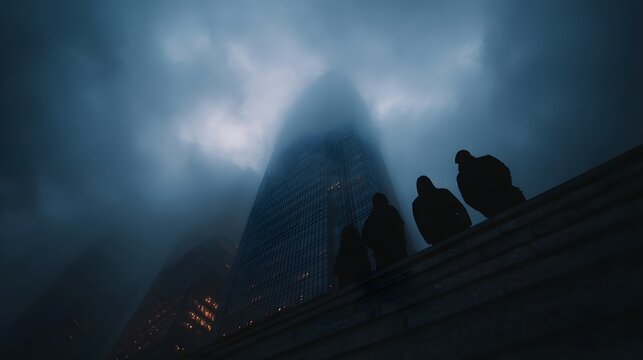Silhouettes of people stand on a ledge overlooking immense foggy skyscrapers shrouded in atmospheric twilight creating a moody urban scene
