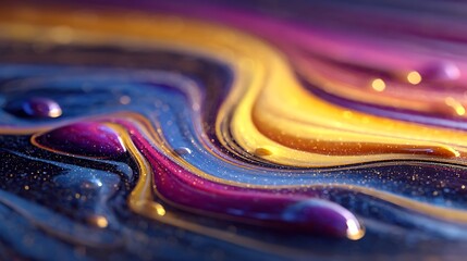 Abstract swirling galaxy of vibrant purple, blue, and gold liquid paint with shimmering glitter and bokeh effect, macro photography