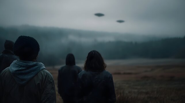 A group of people observe mysterious flying objects in a foggy atmospheric landscape - Powered by Adobe