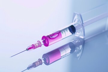 Medical Syringe with Liquid: A sterile medical syringe, filled with vibrant liquid, reflects on a clean surface. The image represents the medical field and healthcare.
