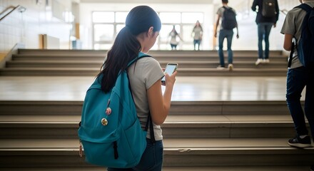 A young student checks her phone while walking up the stairs in a school hallway.