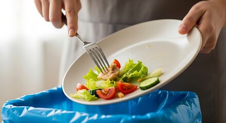 Person throwing leftover salad into the trash bin to reduce food waste and promote sustainable living practices