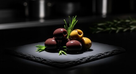 Artistic Presentation of Olives with Rosemary on a Dark Stone Plate In Studio