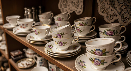 Fototapeta premium Vintage teacups with floral designs stacked on shelves in an antique store display