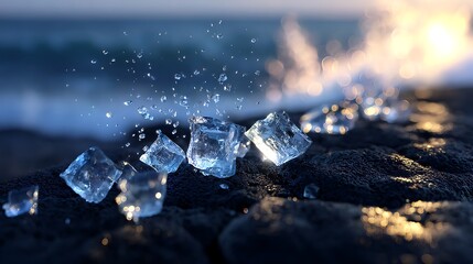 Closeup of ice cubes scattered on dark, wet sand with ocean waves crashing in the background, illuminated by warm light