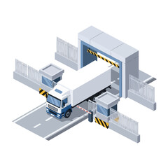 Isometric Truck Entering Industrial Facility Gate with Security Checkpoint