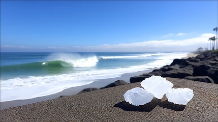 Ocean waves crash on a sandy beach with large hailstones in the foreground, creating a surreal juxtaposition of weather phenomena
