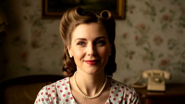 Vintage portrait of a smiling woman in a polka dot dress, with retro decor and a classic telephone