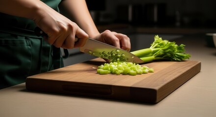 Celery Slicing On A Wooden Board Illustrating Fresh Vegetables And Cooking Process