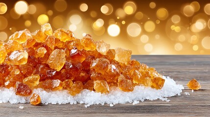 Closeup of ambercolored rock candy crystals piled on white sugar, with a blurred golden bokeh background, evoking a sense of sweetness and celebration