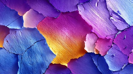 Abstract macro photography of colorful crystalline structures with vibrant hues of purple, blue, pink, and yellow, showcasing intricate textures and patterns resembling natural formations
