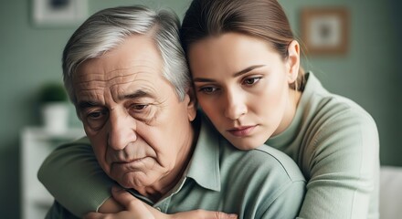 Young woman hugging her sad senior father to provide comfort and support during a difficult time in his life