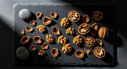 Fototapeta premium Artistic Walnut Display on Stone Slate in Minimalist Photography Style