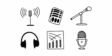 Obraz premium Illustration of podcasting equipment including microphones headphones and data visualization graphics on transparent background