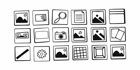 Collection of hand drawn square icons representing various media and application functions in black and white on transparent background