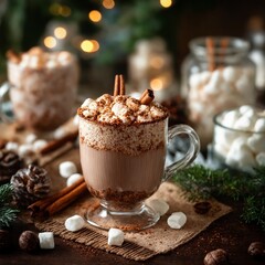 Hot chocolate with marshmallows and cinnamon in glass mug