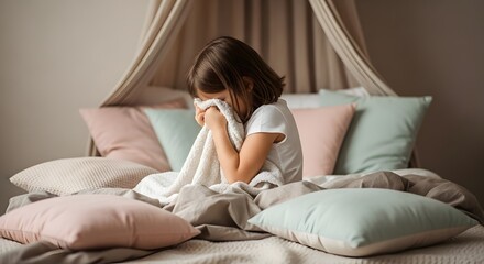 A young girl sits on a bed, covering her face with a blanket, appearing sad or upset in a cozy bedroom setting.