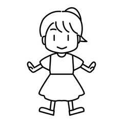 正面を向く笑顔の女の子キャラクターの白黒線画ベクターイラスト