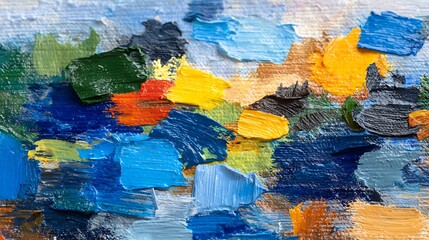 Abstract textured oil painting with thick impasto brushstrokes in vibrant blues, greens, and yellows, showcasing a rich, tactile surface