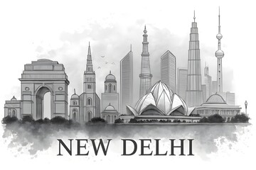 New Delhi India Skyline BW — cityscape landscape watercolor painting print poster abstract splash illustration urban art modern downtown landmarks skyscrapers