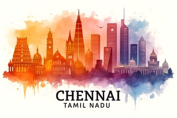 Obraz premium Chennai India Skyline Red — Chennai India skyline in vibrant watercolor artistic.