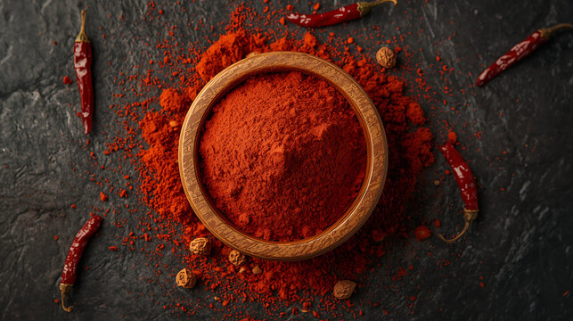 wooden bowl with red chili powder and dried peppers on dark textured surface