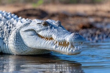 Fototapeta premium a crocodile basks on the bank of an african river, its mouth open and teeth showing.