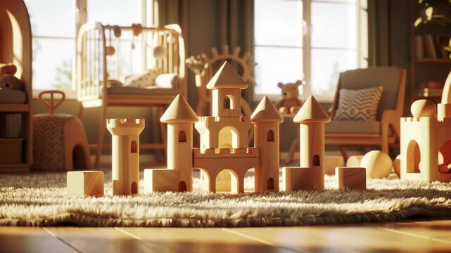 Childcare in a bright, inviting nursery room where natural wooden blocks assemble into an enchanting castle, encouraging imaginative baby play and early childhood development.
