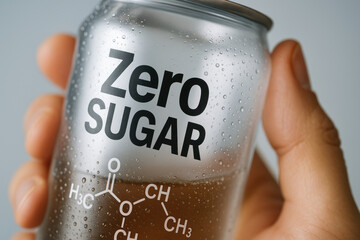Refreshing zero sugar drink can held by hand with condensation and diet soda label promoting awareness of ingredients and low calorie choice