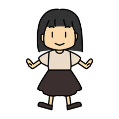 正面を向いた黒髪の女の子キャラクターのフラットベクターイラスト