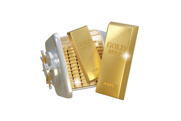 Isolated golden bullion bars and bank safe filled with gold coins signifying wealth, investment, and financial success  - 3D illustration