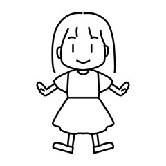 正面を向いた女の子キャラクターの白黒線画イラスト