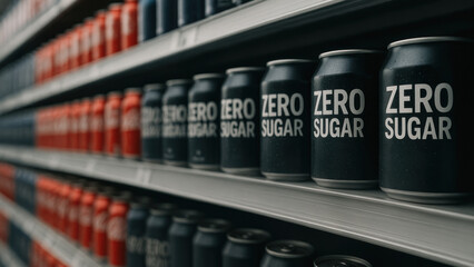 Zero sugar drink diet soda awareness sleek black cans on supermarket shelf in shallow focus conveying healthy choice and mindful consumption