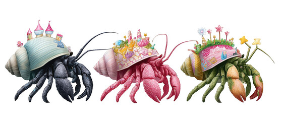 Colorful hermit crabs adorned with whimsical decorations on their shells, showcasing a playful beach scene