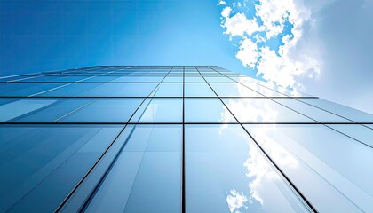 Modern skyscraper facade reflecting bright blue sky and white clouds with sunbeams shining through glass panels on a clear day