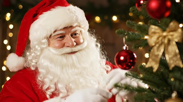 Person in festive attire decorating a tree
