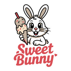 Cute cartoon bunny character holding a sweet ice cream cone illustration.