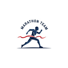 Dynamic marathon team logo with runner crossing red finish line