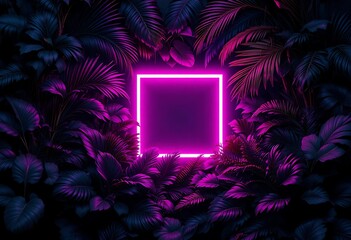Tropical leaves bathed in neon light with central pink square. Surreal jungle scene with vibrant lighting and floating neon square