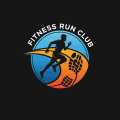 Dynamic runner silhouette with stride footprint logo design on dark background