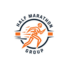 dynamic half marathon group logo design with running silhouette energy