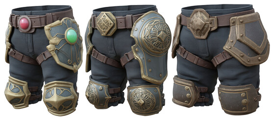 Detailed view of stylish fantasy-themed armor shorts with ornate designs and vibrant accents