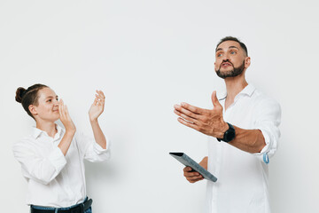 Depicts a professional business man radiating confidence and emotion on a solid colored background,...